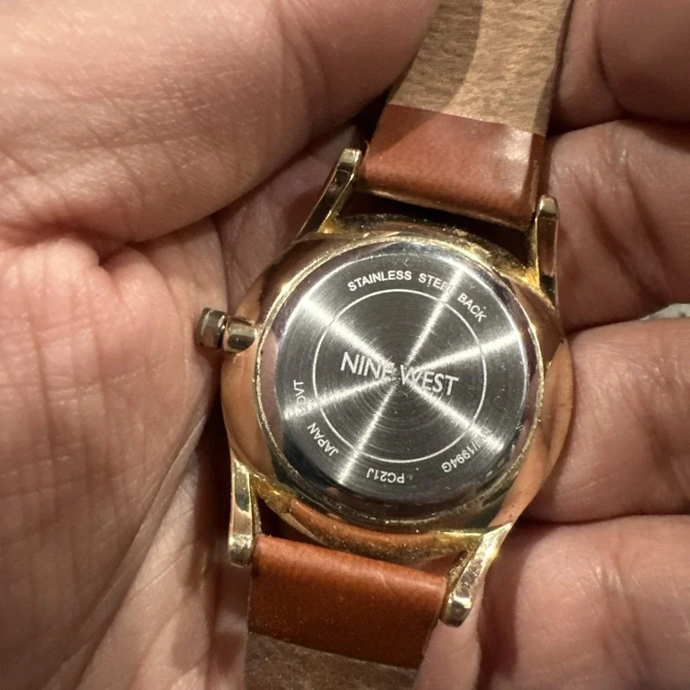 Working Nine West‎ Unisex Watch Gold Tone 36mm Fit 7.5 Brown Leather New Battery